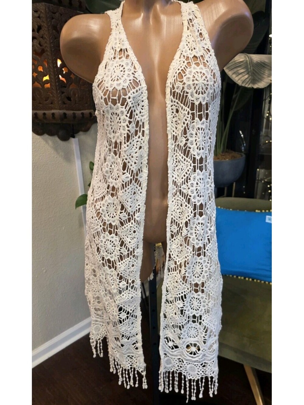Rockin C Boho Crochet Fringe Vest Ivory Cotton Open Knit Festival Duster Size M